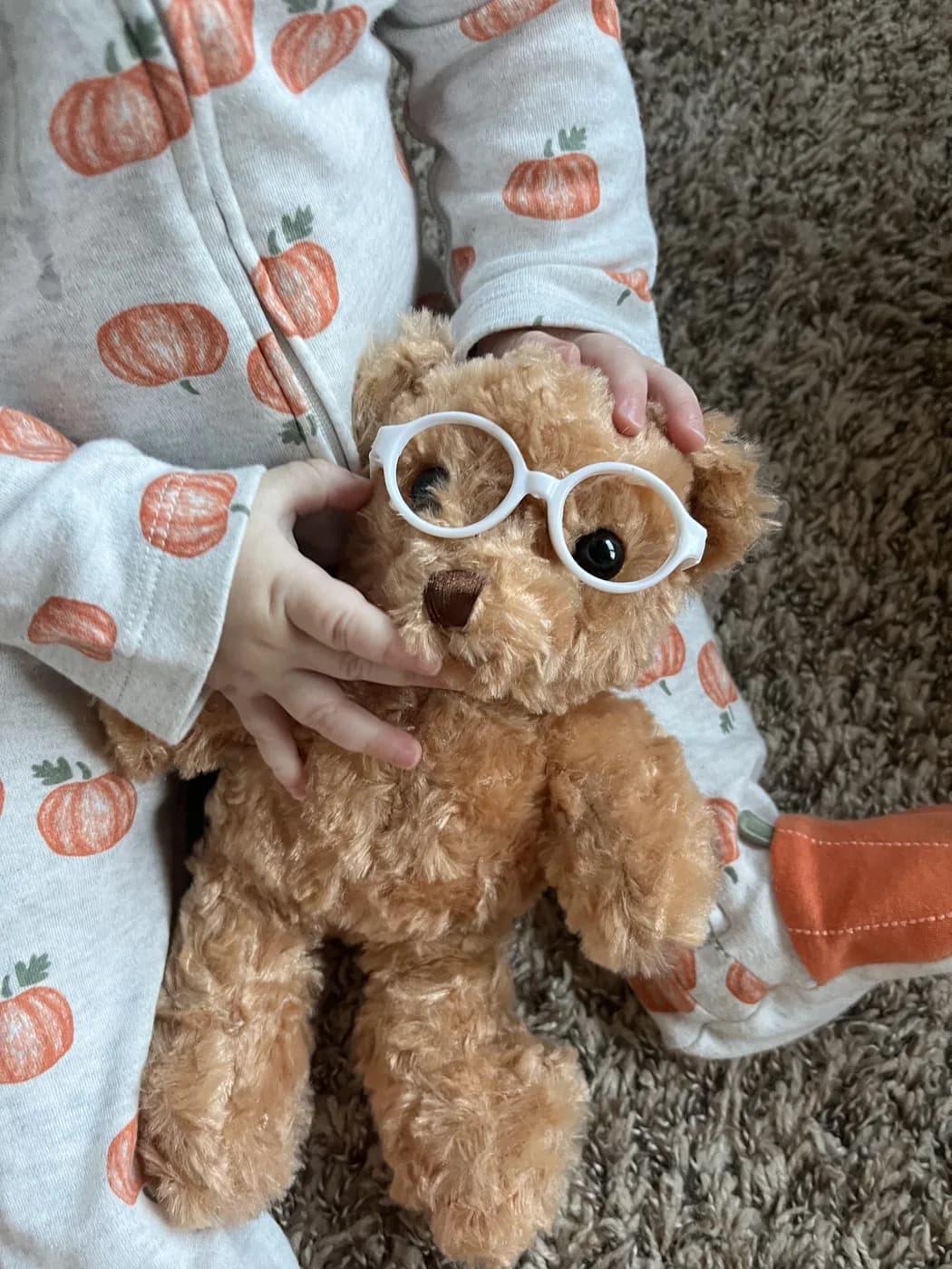 Roy holding a teddy bear wearing glasses like his own